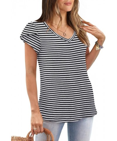 Womens Tops Dressy Casual Short Sleeve Summer Shirts Loose Fit Fashion V Neck Waffle Knit Z4-stripedblack $12.75 Tops