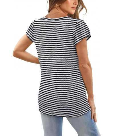 Womens Tops Dressy Casual Short Sleeve Summer Shirts Loose Fit Fashion V Neck Waffle Knit Z4-stripedblack $12.75 Tops