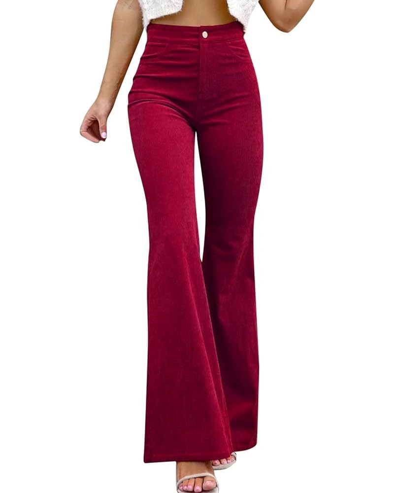 AdoDanep Corduroy Pants Women Bell Bottom Slim Fit 70s Flare Fall Casual Stretch Pants Wide Leg Trousers Yoga Wine $13.43 Pants