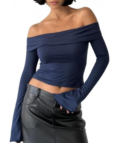 Women Sexy Off Shoulder Long Sleeve Tee Slim Fitted Ribbed Knit Crop Shirts Sexy Streetwear Blouse Tops Pullovers Lapel Blue ...