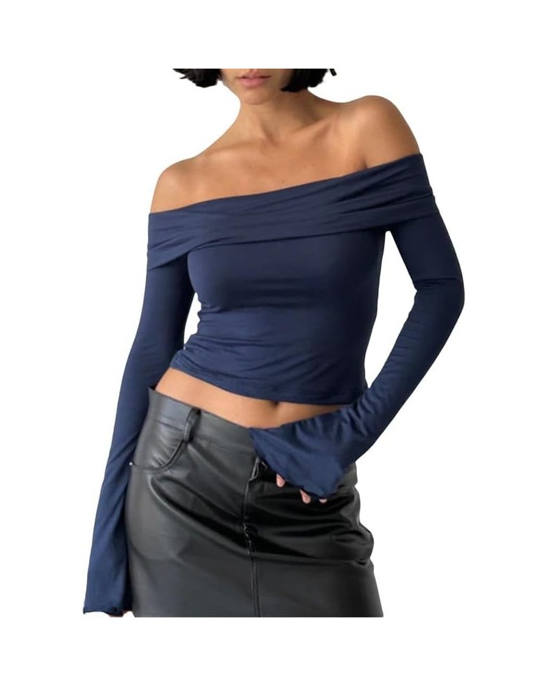 Women Sexy Off Shoulder Long Sleeve Tee Slim Fitted Ribbed Knit Crop Shirts Sexy Streetwear Blouse Tops Pullovers Lapel Blue ...