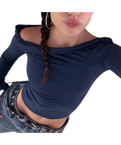 Women Sexy Off Shoulder Long Sleeve Tee Slim Fitted Ribbed Knit Crop Shirts Sexy Streetwear Blouse Tops Pullovers Lapel Blue ...