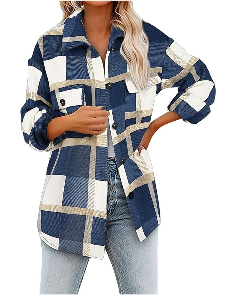 Plaid Shacket Jacket Women Casual Lapel Button Down Shirts Fall Winter Long Sleeve Mid Length Outwear Blouse Coats 4-navy $9....