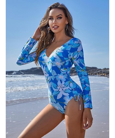 Women Rash Guard Long Sleeve Swimsuit UPF 50 Surfing Swimsuit Bathing Suit One Piece Swimsuit Rashguard Blue Flower $21.44 Sw...