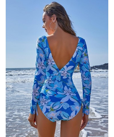 Women Rash Guard Long Sleeve Swimsuit UPF 50 Surfing Swimsuit Bathing Suit One Piece Swimsuit Rashguard Blue Flower $21.44 Sw...