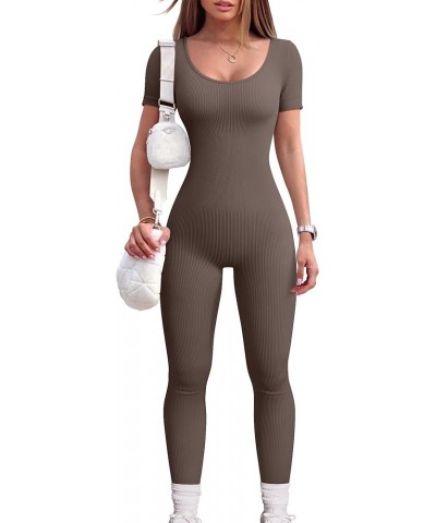 Women‘s Yoga Jumpsuits Ribbed One Piece Workout Short Sleeve Tops Exercise Jumpsuits Tea Leaf $21.23 Jumpsuits