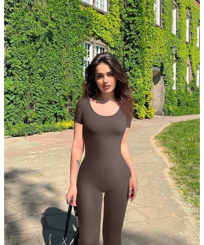 Women‘s Yoga Jumpsuits Ribbed One Piece Workout Short Sleeve Tops Exercise Jumpsuits Tea Leaf $21.23 Jumpsuits