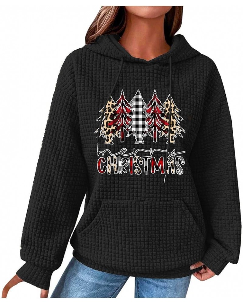 Womens Christmas Sweatshirts And Hoodies With Plus Size Quilted Pattern Waffle Pullover Loose Clothes With Pocket 01 Black $1...