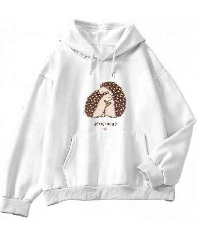 Women Hoodies Cartoon Cute Hedgehog Pattern Pocket Casual Cotton Sweatshirt White $15.90 Hoodies & Sweatshirts