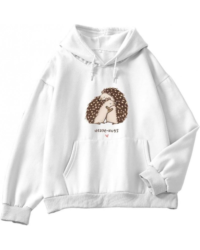 Women Hoodies Cartoon Cute Hedgehog Pattern Pocket Casual Cotton Sweatshirt White $15.90 Hoodies & Sweatshirts