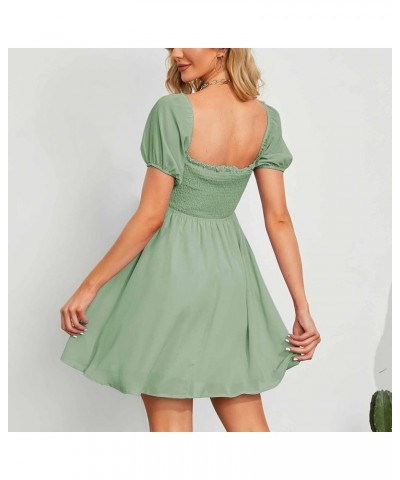 Women's Sweetheart Neckline Dress Smocked Sundress Puff Short Sleeve Drawstring Dresses Light Gray Green $24.00 Dresses