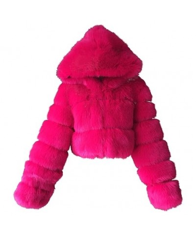 Short Faux Fur Coat for Women Zipper Up Hooded Shaggy Warm Elegant Long Sleeve Winter Fashion Cropped Furry Jacket Hot Pink 3...