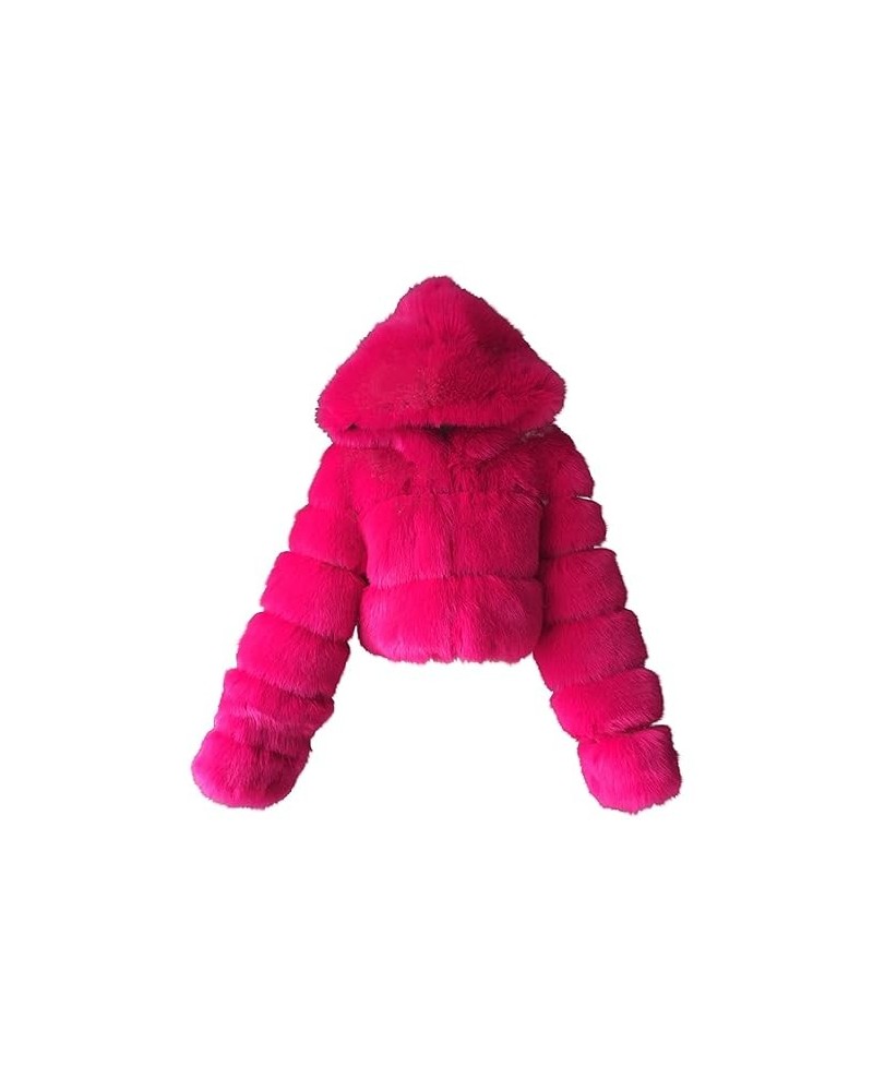 Short Faux Fur Coat for Women Zipper Up Hooded Shaggy Warm Elegant Long Sleeve Winter Fashion Cropped Furry Jacket Hot Pink 3...