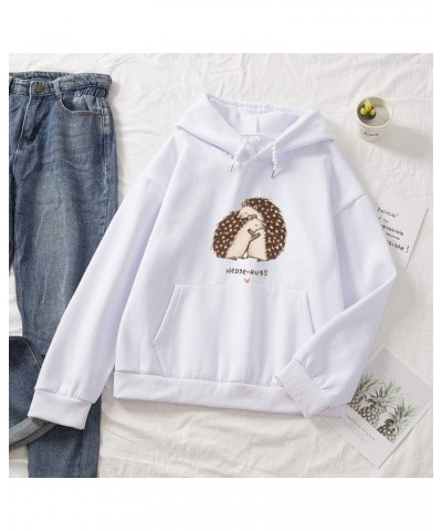 Women Hoodies Cartoon Cute Hedgehog Pattern Pocket Casual Cotton Sweatshirt White $15.90 Hoodies & Sweatshirts