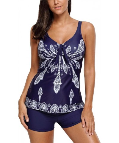 Tankini Swimsuits for Women Retro 2 Piece Swimwear Printed Padded Tank Top Bathing Suits with Boyshort Bottom Blue $14.94 Swi...