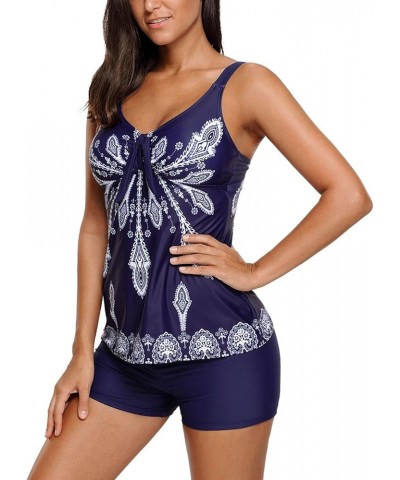 Tankini Swimsuits for Women Retro 2 Piece Swimwear Printed Padded Tank Top Bathing Suits with Boyshort Bottom Blue $14.94 Swi...