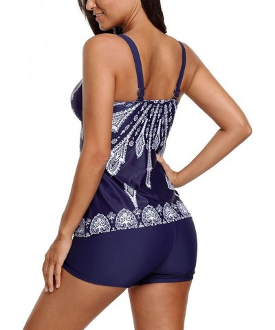 Tankini Swimsuits for Women Retro 2 Piece Swimwear Printed Padded Tank Top Bathing Suits with Boyshort Bottom Blue $14.94 Swi...