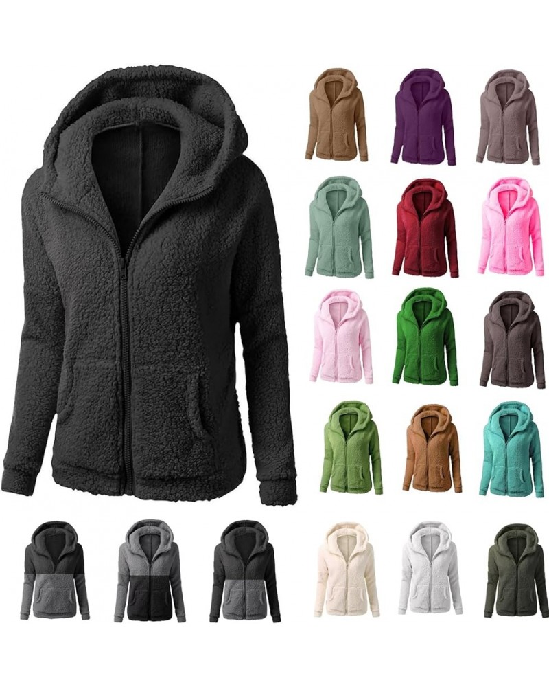 Womens Sherpa Fleece Jackets Winter Zip Up Hoodies Trendy Long Sleeve Fuzzy Coats with Hood Plus Size Fluffy Clothes A-black ...