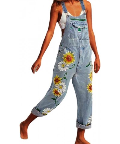 Adjustable Denim Overalls for Women Plus Size Sunflower Print Suspender Jumpsuits Casual Loose Jean Pants Rompers (Color : Li...