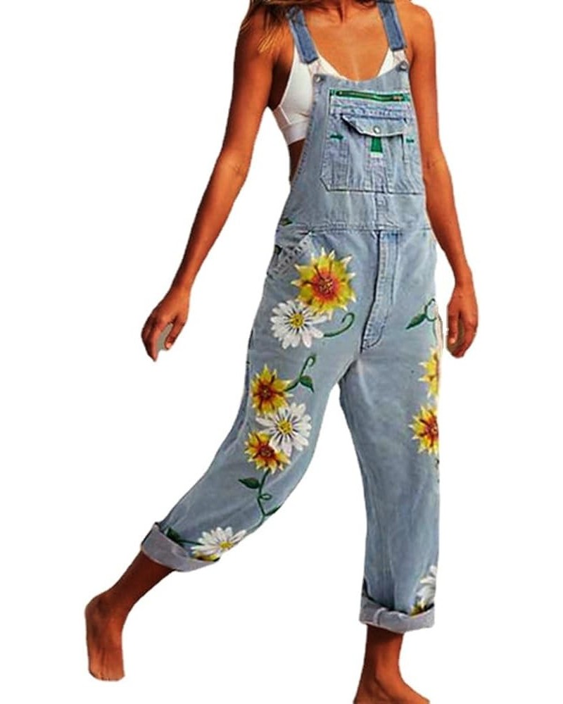 Adjustable Denim Overalls for Women Plus Size Sunflower Print Suspender Jumpsuits Casual Loose Jean Pants Rompers (Color : Li...