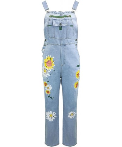 Adjustable Denim Overalls for Women Plus Size Sunflower Print Suspender Jumpsuits Casual Loose Jean Pants Rompers (Color : Li...