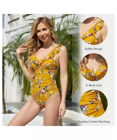 Women's One Piece Swimsuit Tummy Control Back Cutout Ruffled Strap V Neck High Waisted Bathing Suit Monokini Mustard Yellow F...