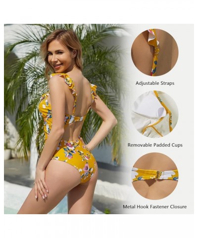 Women's One Piece Swimsuit Tummy Control Back Cutout Ruffled Strap V Neck High Waisted Bathing Suit Monokini Mustard Yellow F...