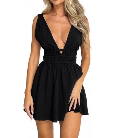 Sexy Deep V Neck Cut Out Mini Dress Halter Neck Backless Bodycon Short Dress Ruched Night Party Vocation Streetwear A Black $...