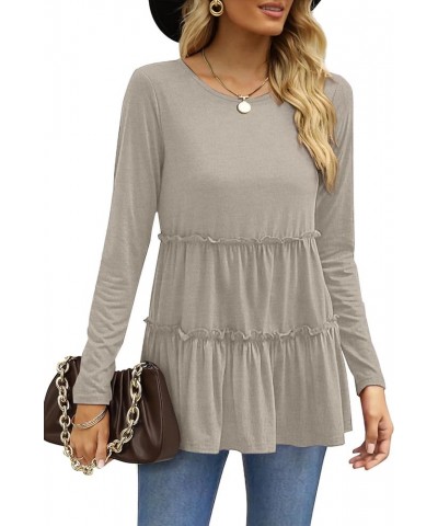 Womens Babydoll Tunic Tops Round Neck Pleated Peplum Long Sleeve Shirts for Fall Winter 05-khaki $11.19 Tops