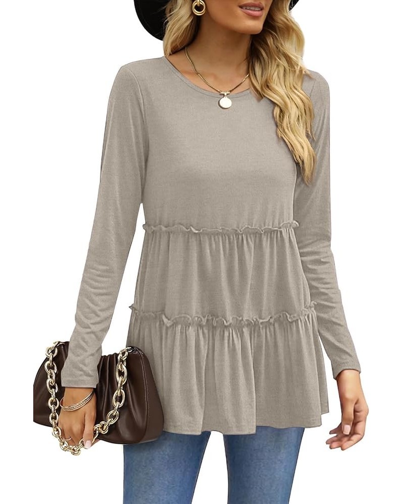 Womens Babydoll Tunic Tops Round Neck Pleated Peplum Long Sleeve Shirts for Fall Winter 05-khaki $11.19 Tops