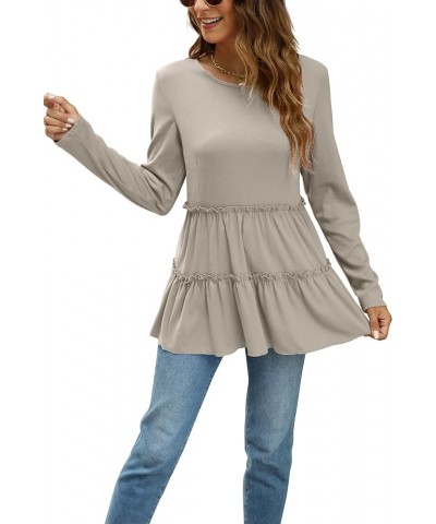 Womens Babydoll Tunic Tops Round Neck Pleated Peplum Long Sleeve Shirts for Fall Winter 05-khaki $11.19 Tops