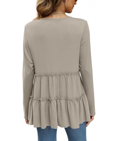 Womens Babydoll Tunic Tops Round Neck Pleated Peplum Long Sleeve Shirts for Fall Winter 05-khaki $11.19 Tops