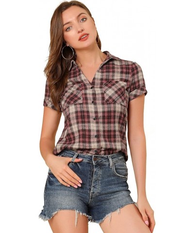 Women's Cotton Classic Button Down Western Plaid Shirt Beige Red $14.57 Blouses