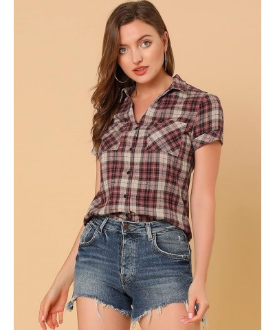 Women's Cotton Classic Button Down Western Plaid Shirt Beige Red $14.57 Blouses