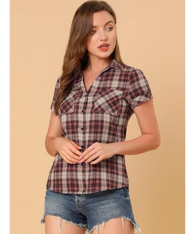 Women's Cotton Classic Button Down Western Plaid Shirt Beige Red $14.57 Blouses