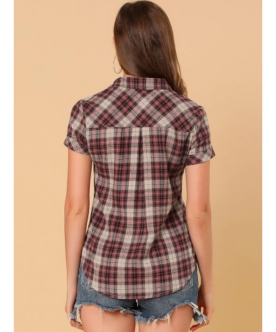 Women's Cotton Classic Button Down Western Plaid Shirt Beige Red $14.57 Blouses