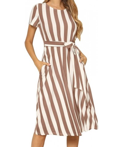 Women's Short Sleeve Striped Casual Flowy Midi Belt Dress with Pockets A-ivory Coffee $15.20 Dresses