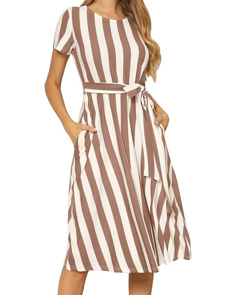 Women's Short Sleeve Striped Casual Flowy Midi Belt Dress with Pockets A-ivory Coffee $15.20 Dresses