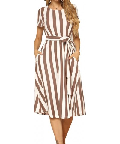 Women's Short Sleeve Striped Casual Flowy Midi Belt Dress with Pockets A-ivory Coffee $15.20 Dresses