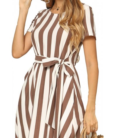 Women's Short Sleeve Striped Casual Flowy Midi Belt Dress with Pockets A-ivory Coffee $15.20 Dresses