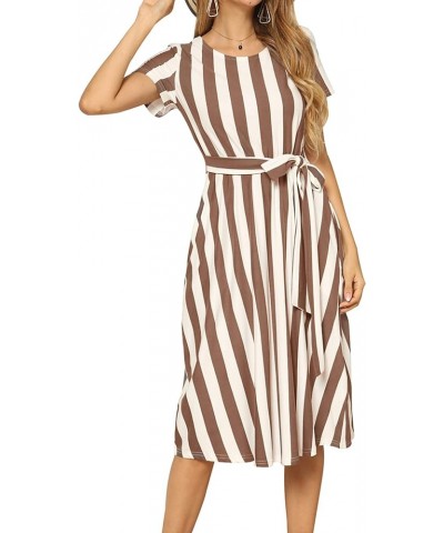 Women's Short Sleeve Striped Casual Flowy Midi Belt Dress with Pockets A-ivory Coffee $15.20 Dresses