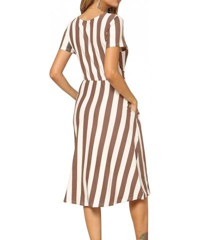 Women's Short Sleeve Striped Casual Flowy Midi Belt Dress with Pockets A-ivory Coffee $15.20 Dresses