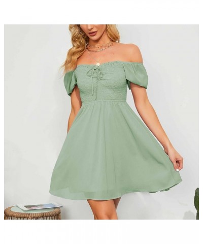 Women's Sweetheart Neckline Dress Smocked Sundress Puff Short Sleeve Drawstring Dresses Light Gray Green $24.00 Dresses