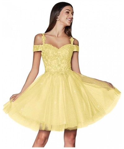 Sparkly Float Applique Tulle Homecoming Dresses Cold Shoulder A Line Short Beaded Prom Cocktail Party Gowns for Teens Yellow ...