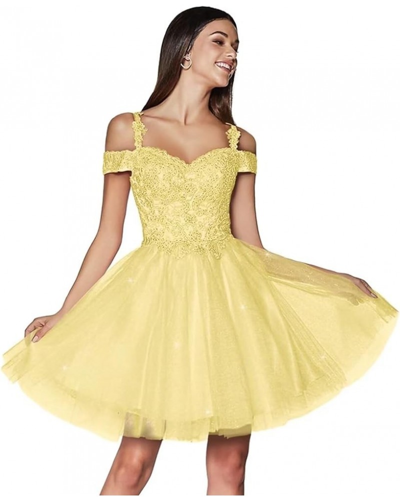 Sparkly Float Applique Tulle Homecoming Dresses Cold Shoulder A Line Short Beaded Prom Cocktail Party Gowns for Teens Yellow ...