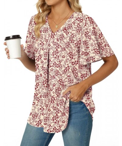 Womens Summer Dressy Chiffon Blouses V Neck Short Sleeve Tunic Tops for Leggings Casual T-Shirts Ruffle Sleeve/Red Flower Whi...