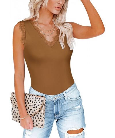 Womens Sexy Lace V Neck Tank Bodysuit Sleeveless Slim Fit Summer Tops Brown $10.99 Bodysuits