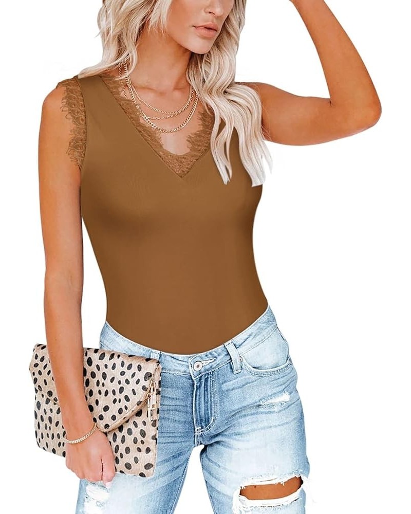 Womens Sexy Lace V Neck Tank Bodysuit Sleeveless Slim Fit Summer Tops Brown $10.99 Bodysuits