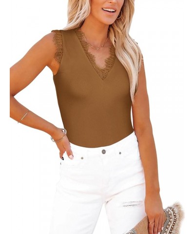 Womens Sexy Lace V Neck Tank Bodysuit Sleeveless Slim Fit Summer Tops Brown $10.99 Bodysuits