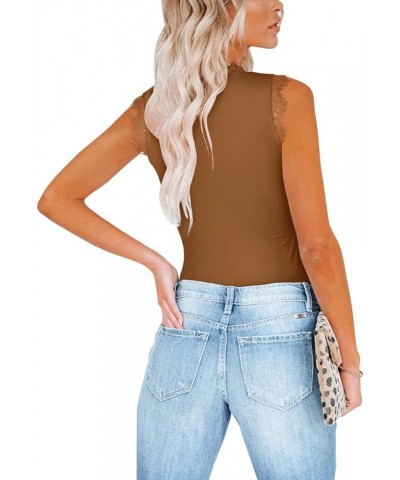 Womens Sexy Lace V Neck Tank Bodysuit Sleeveless Slim Fit Summer Tops Brown $10.99 Bodysuits